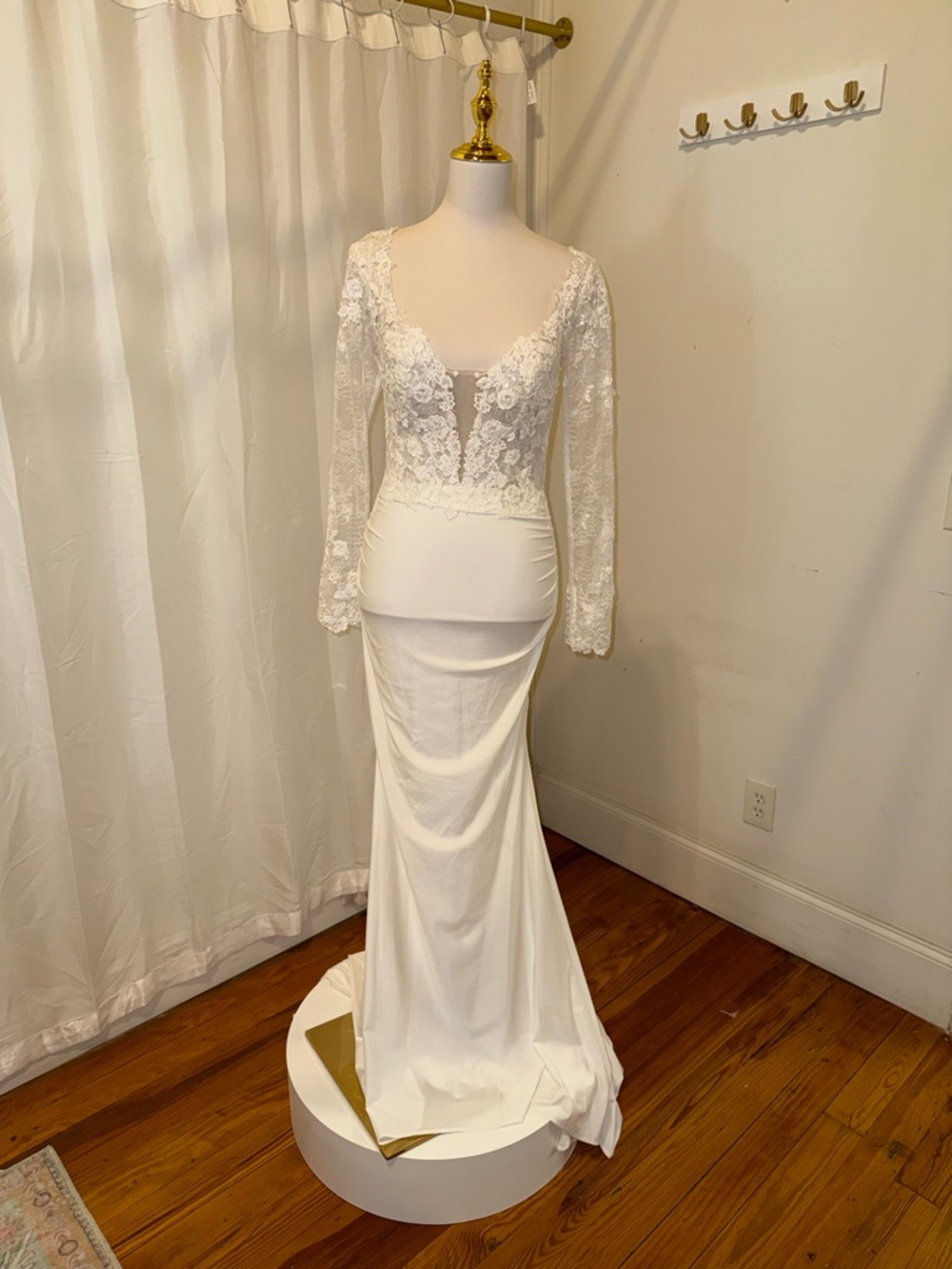 La Femme White Lace Long Sleeve Bridal Gown with Illusion Bodice